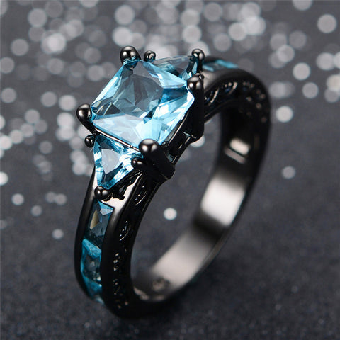 Black Gold Classical Cut Light Blue Wedding Ring